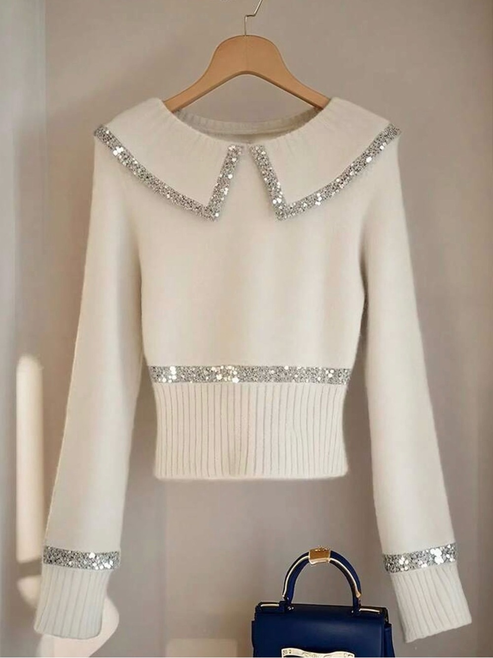 SHEIN Cream Sequin-Trim Ribbed Hem Sweater